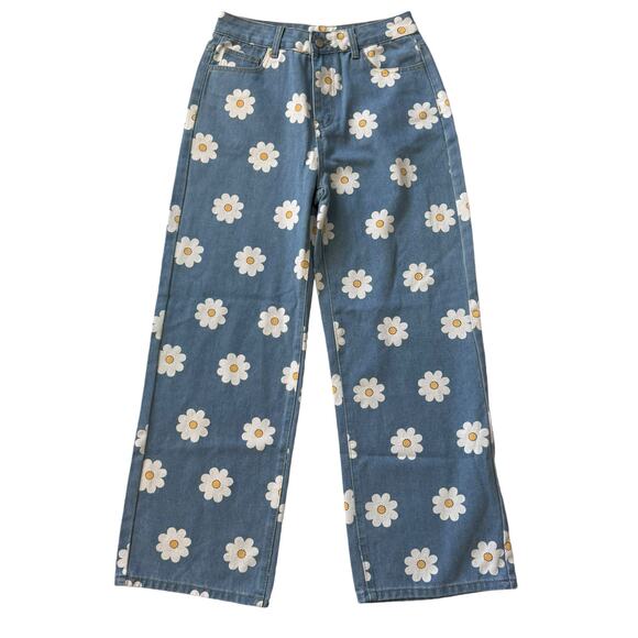 Daisy Printed Wide Leg Jeans Size‎ Medium Hippie Boho Flowers High Rise - Picture 9 of 9